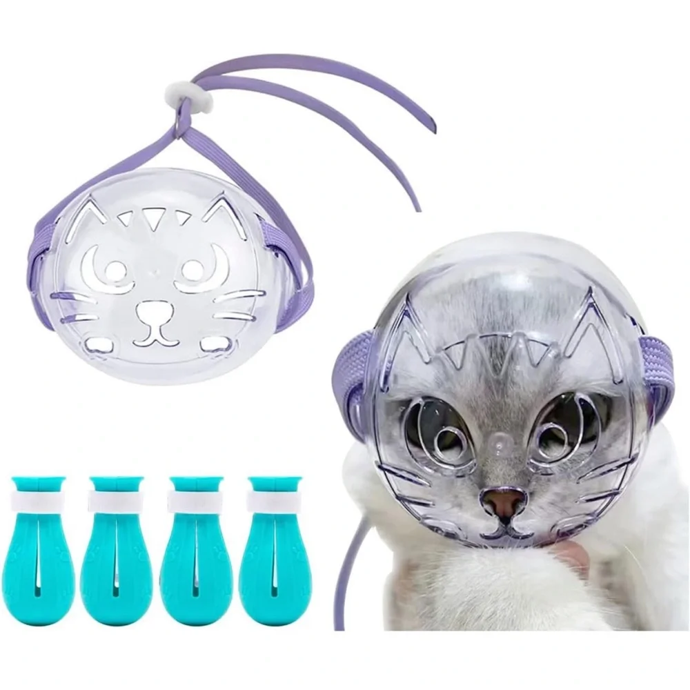Cat Muzzle Mouth Cover Set with Adjustable Hood,Breathable Anti Bite Air Muzzles